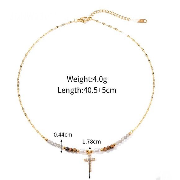 18k Gold Plated Gemstone Pearl Zirconia Cross Beaded Necklace - Picture 6 of 10